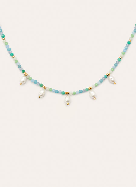 Collar Crystal Blue Pearls Acero Baño Oro