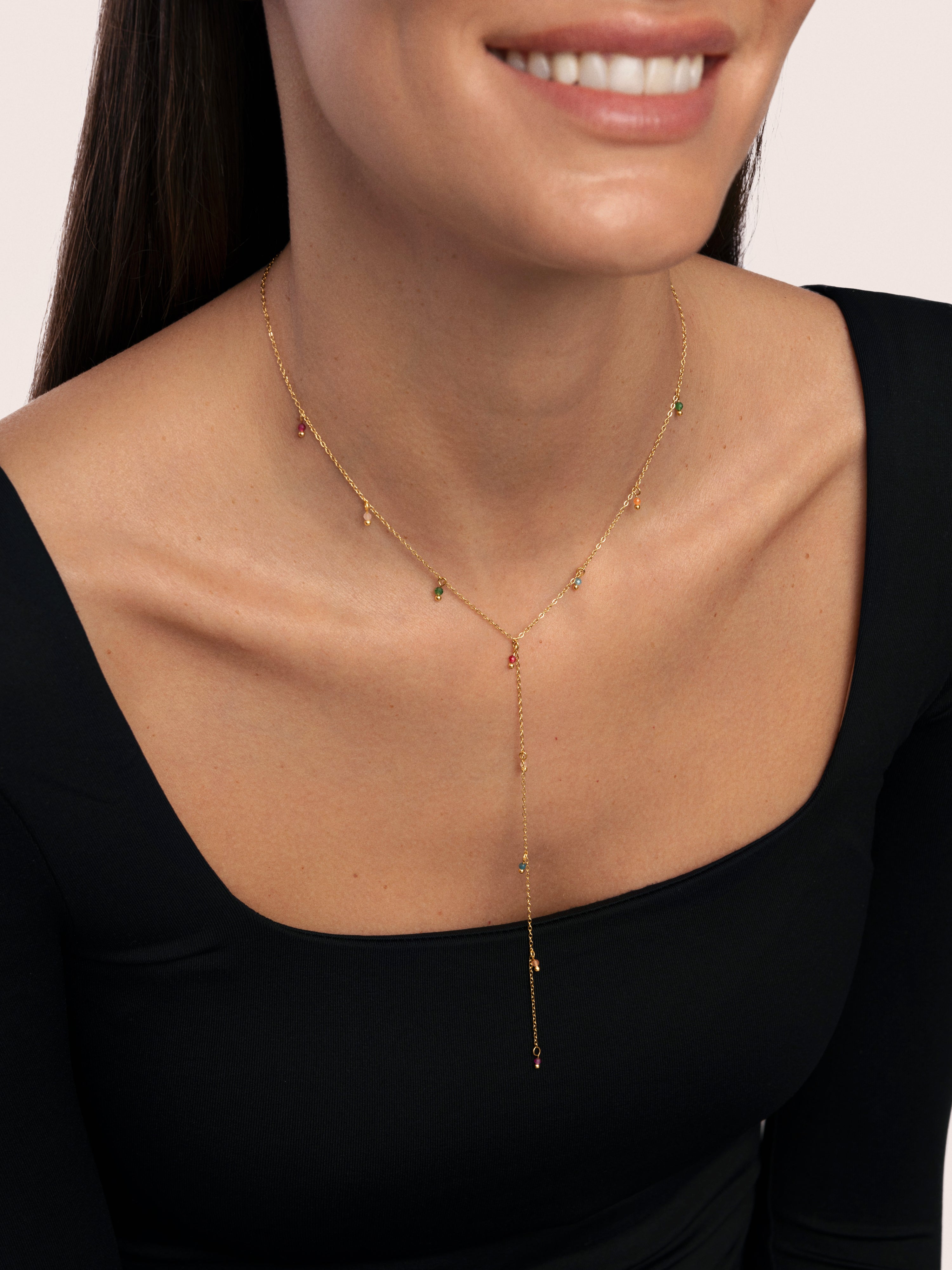Y Mini Stone Colors Stainless Steel Gold Necklace