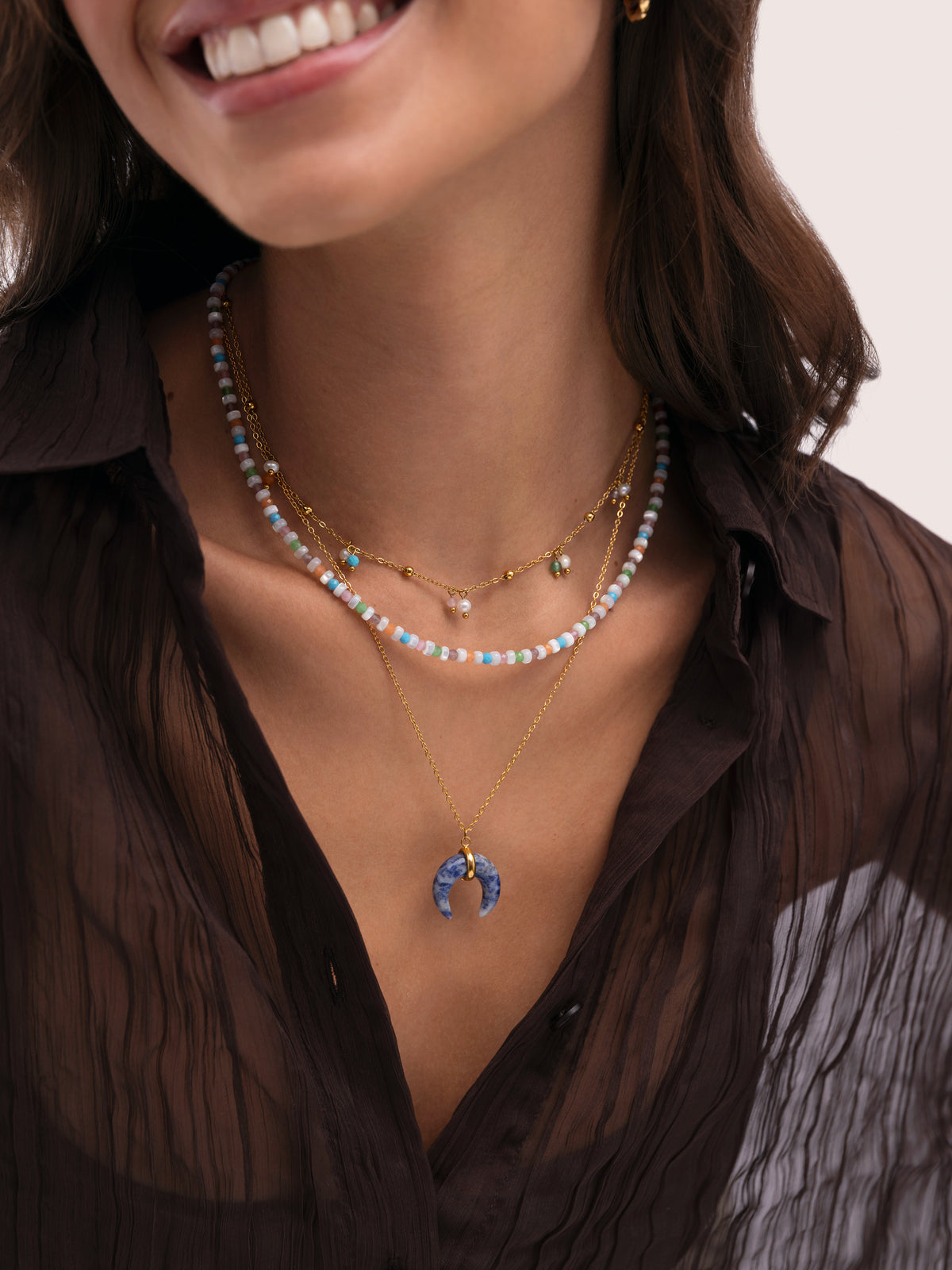 Mini Moon Blue Necklace Gold Plated Steel