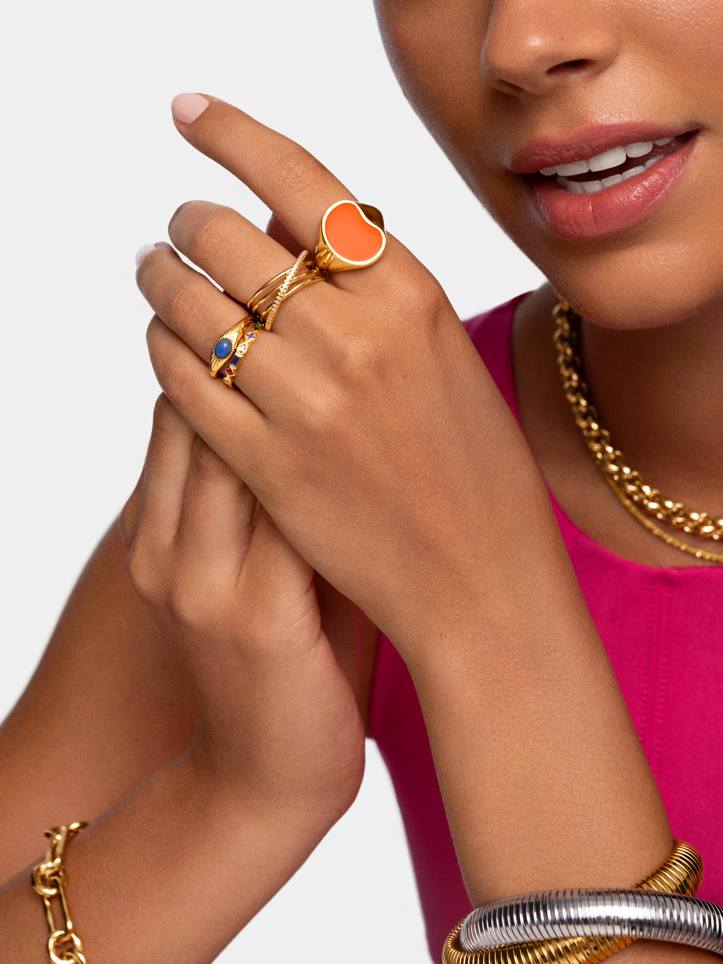 Signet Bean Neon Orange Enamel Gold Ring