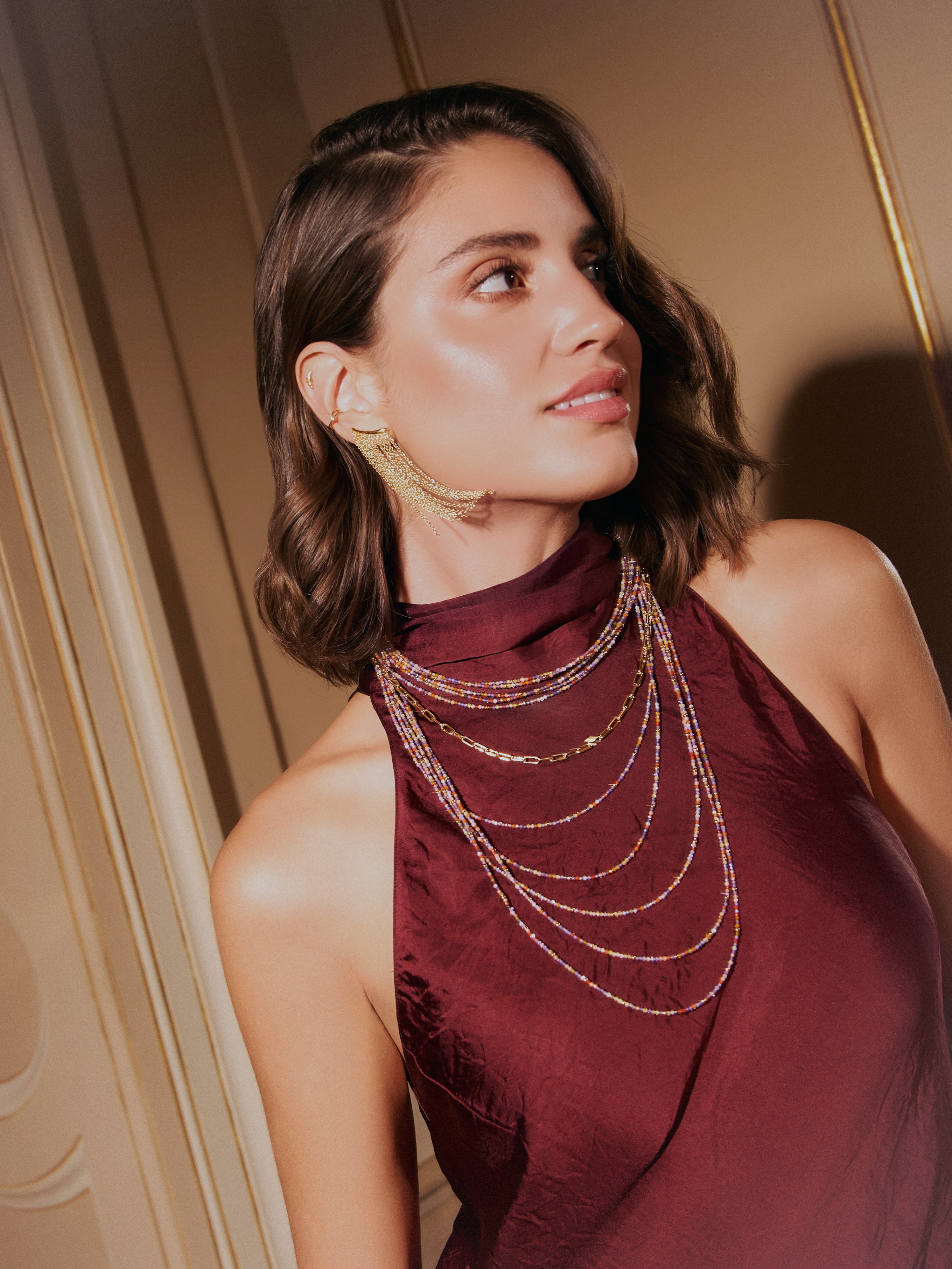 Collar Long Crystals Cleopatra Acero Baño Oro