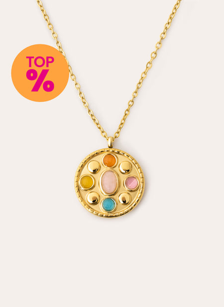 Medallion Five Stones Stainless Steeel Gold Necklace