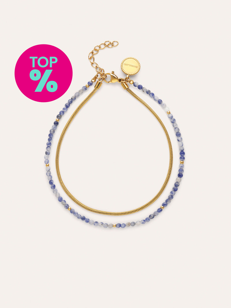 Tobillera Doble Cleopatra Azul Acero Baño Oro