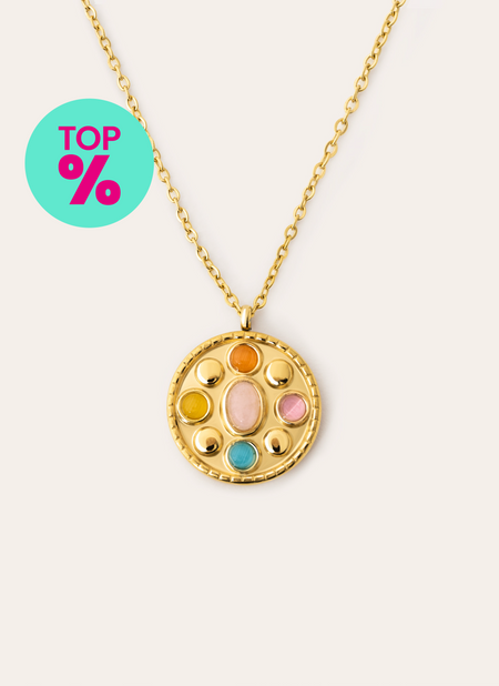 Medallion Five Stones Stainless Steeel Gold Necklace