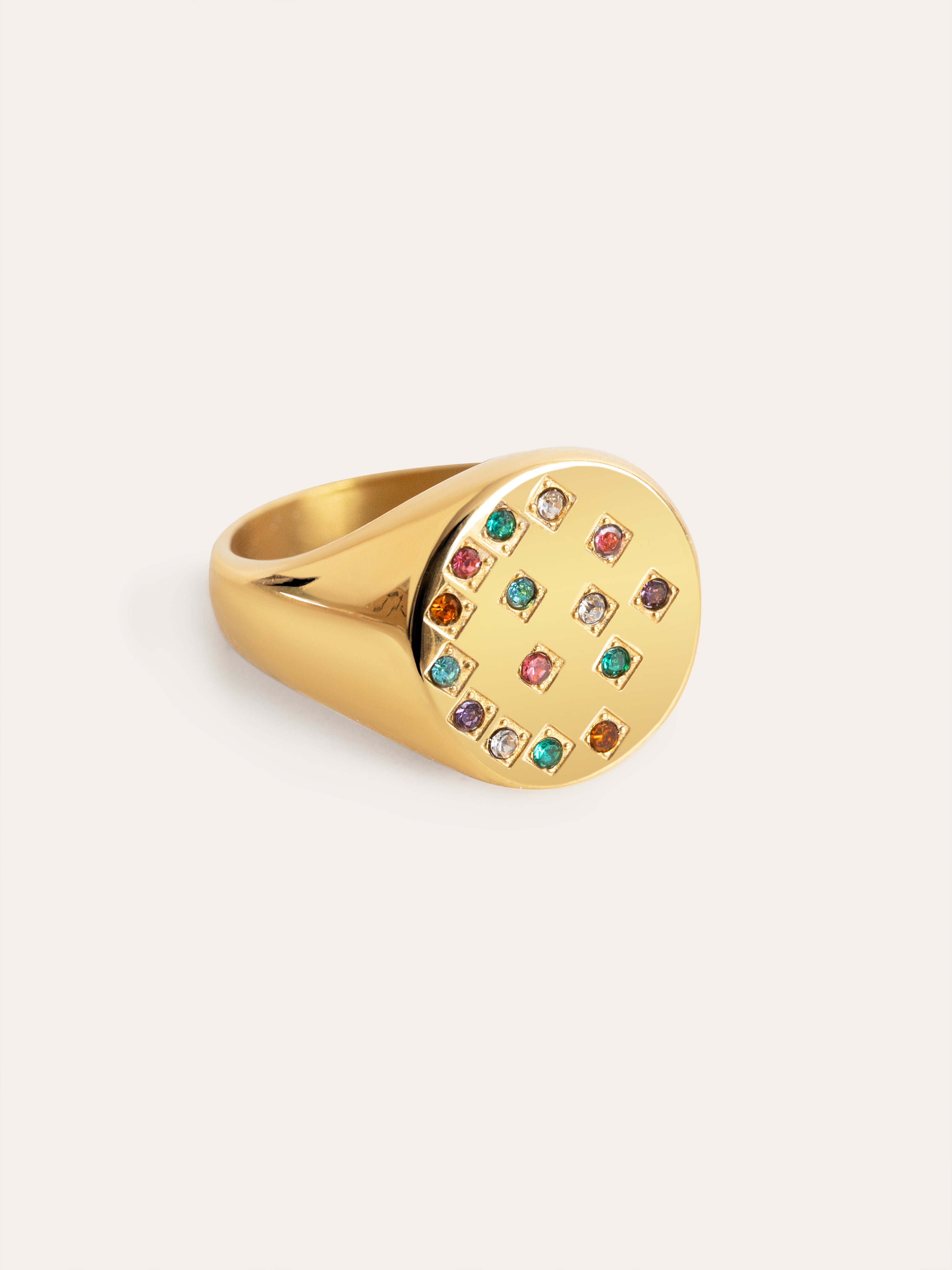 Bling Rainbow Signet Stainless Steel Gold Ring 