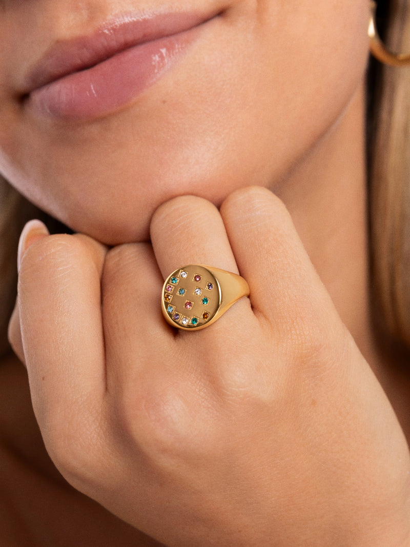 Anello Sello Bling Rainbow Acciaio Placcato Oro