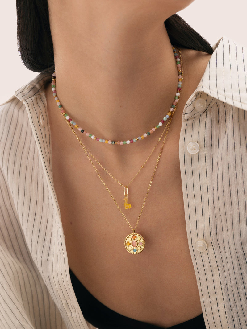 Collar Medallion Five Stones Acero Baño Oro