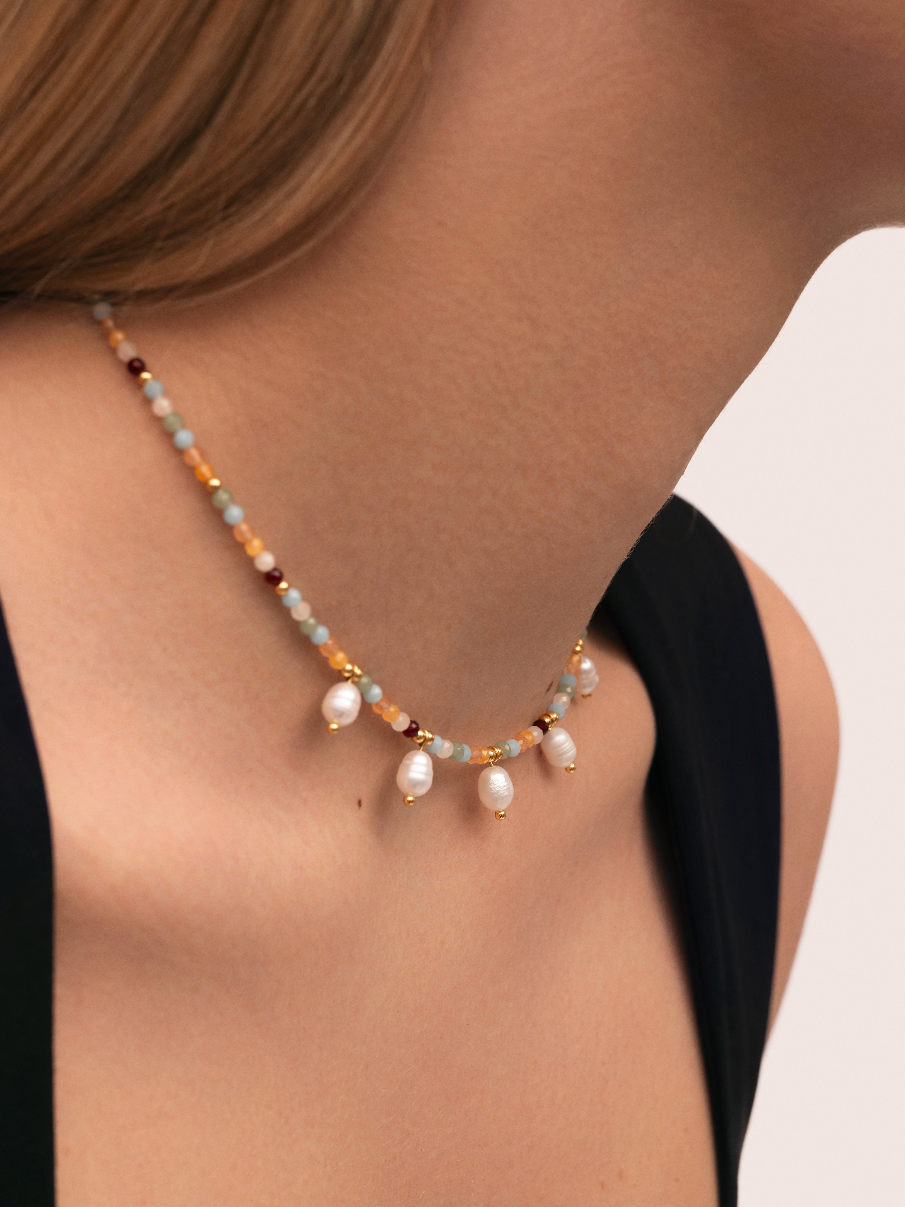 Crystal Pearls Stainless Steel Gold Necklace
