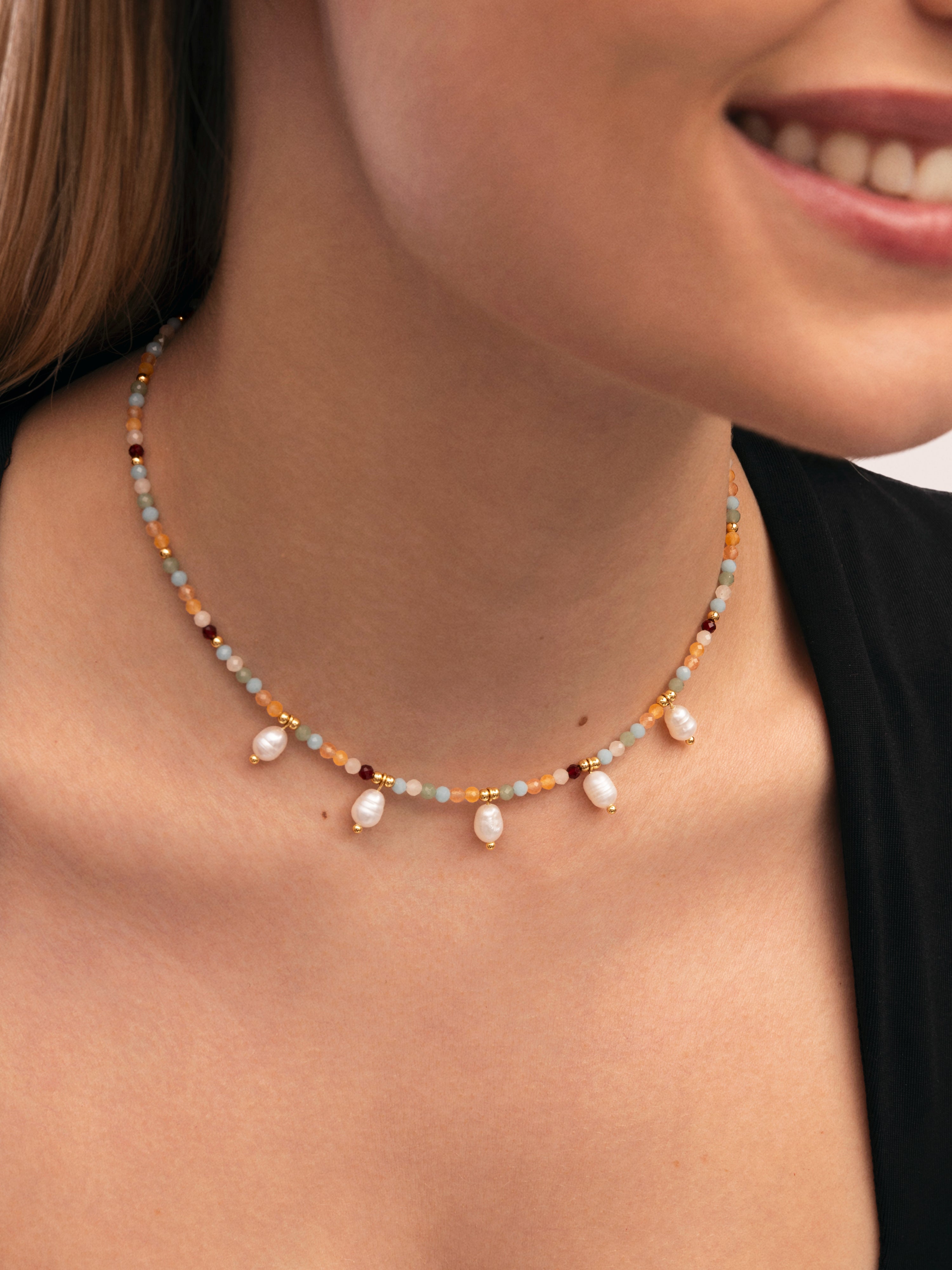 Crystal Pearls Stainless Steel Gold Necklace