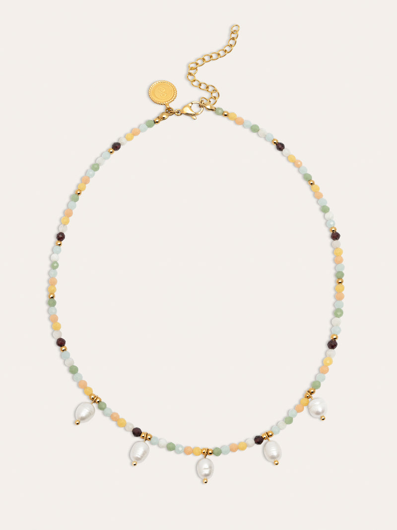 Crystal Pearls Stainless Steel Gold Necklace