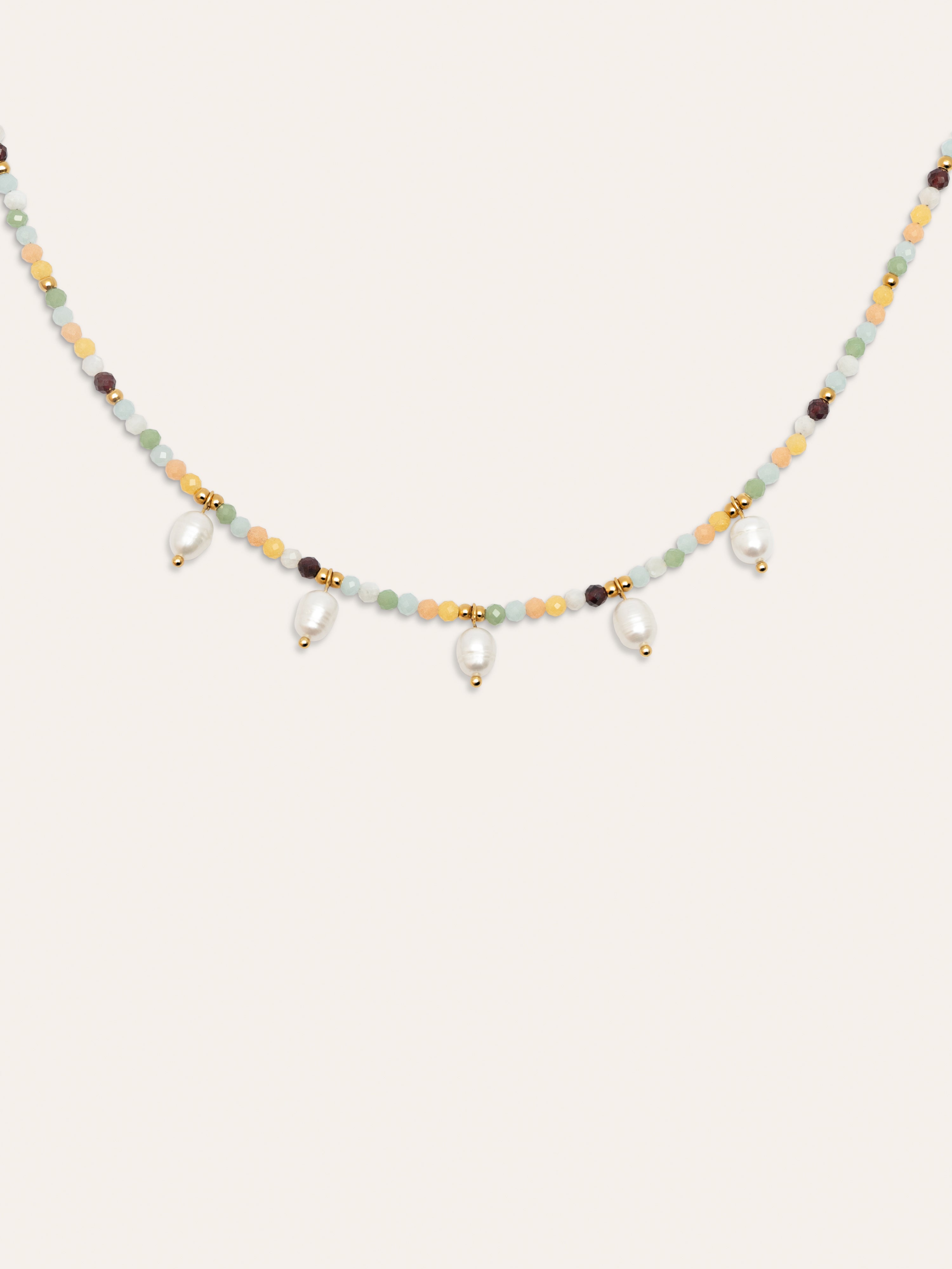 Crystal Pearls Stainless Steel Gold Necklace