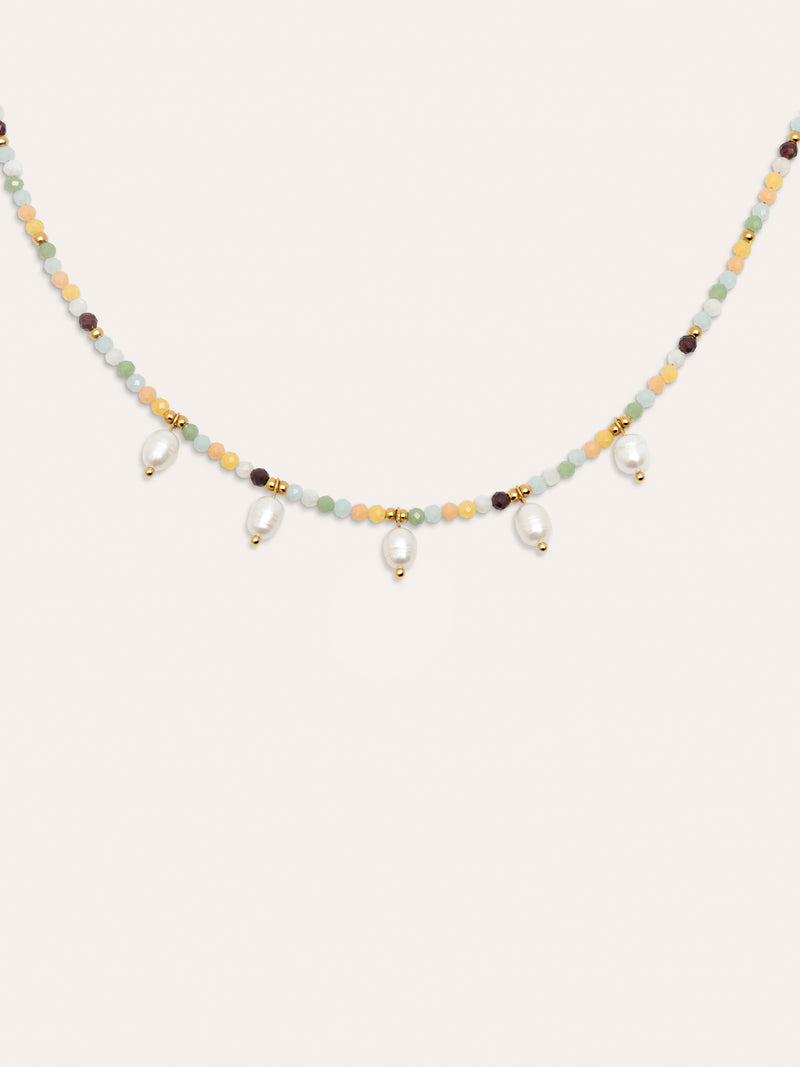 Crystal Pearls Stainless Steel Gold Necklace