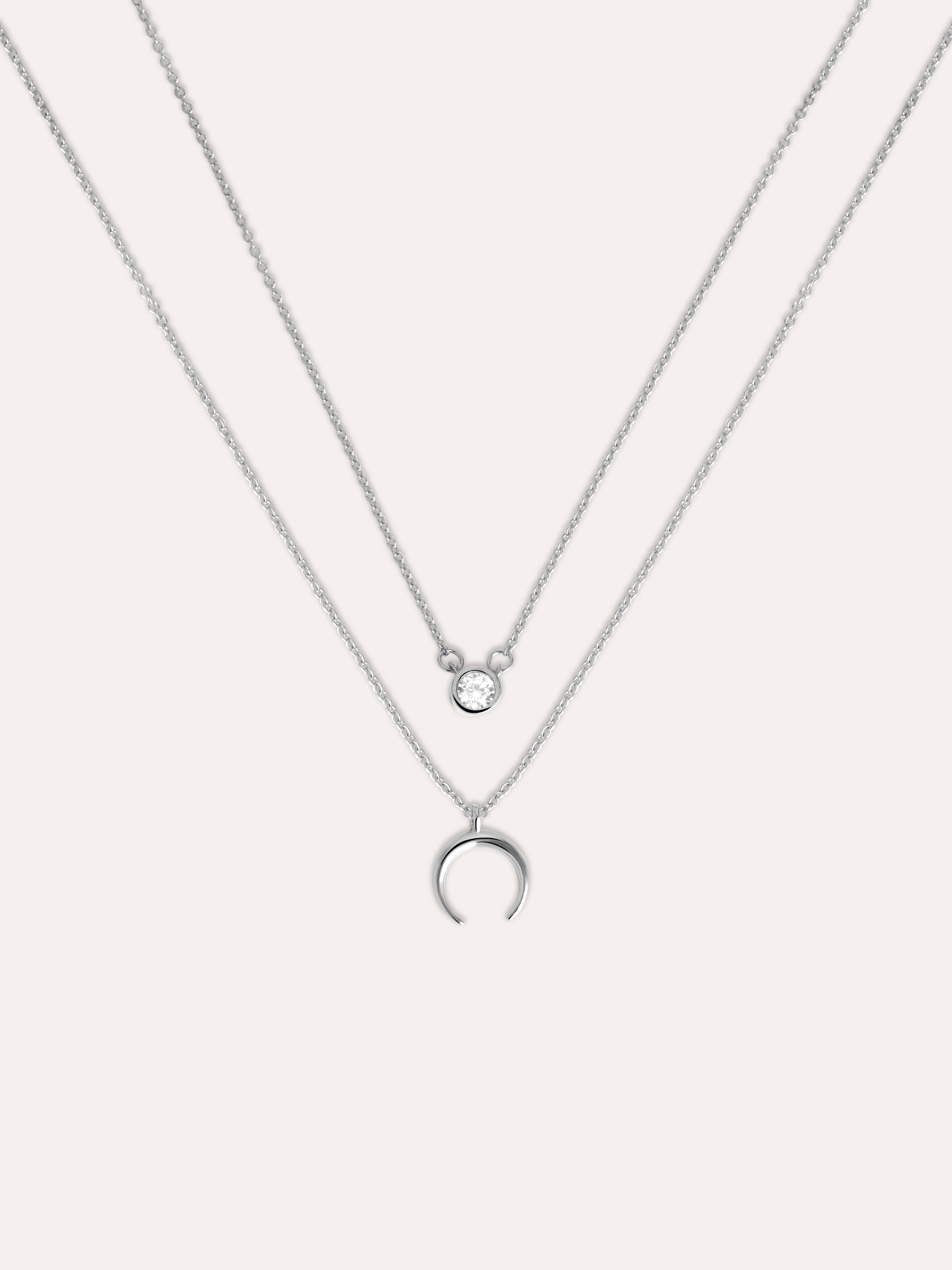 Diamond + Mini Moonset 2 Silver Necklaces Pack