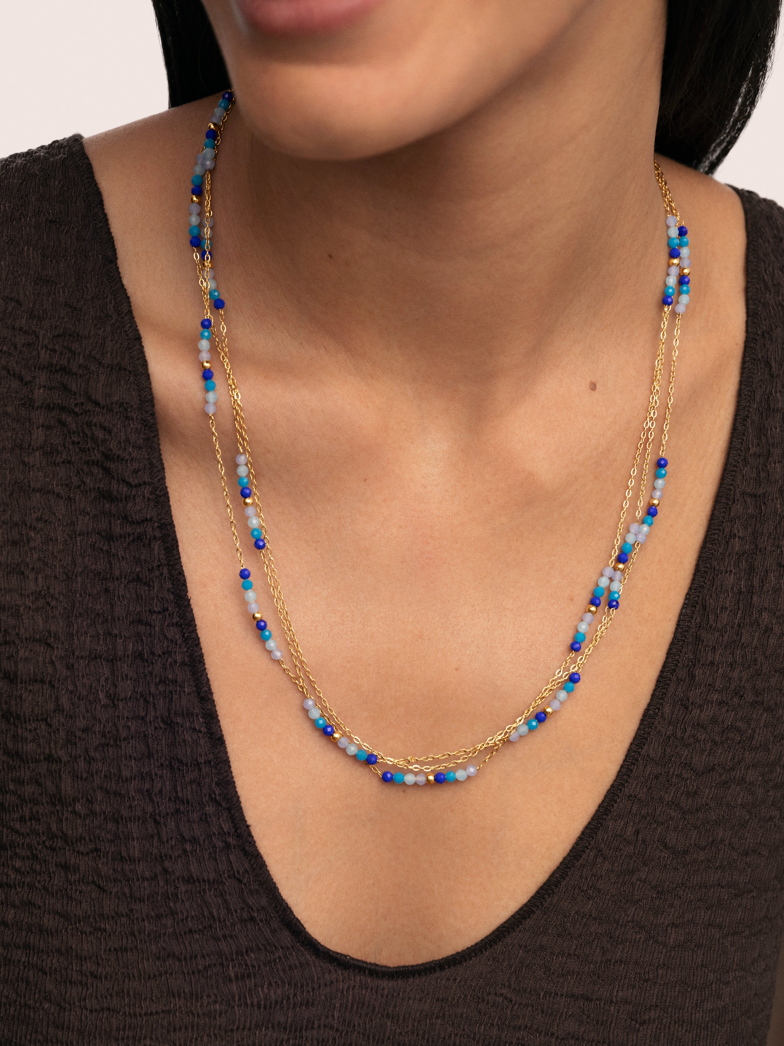 Long Crystal Sea Stainless Steel Gold Necklace