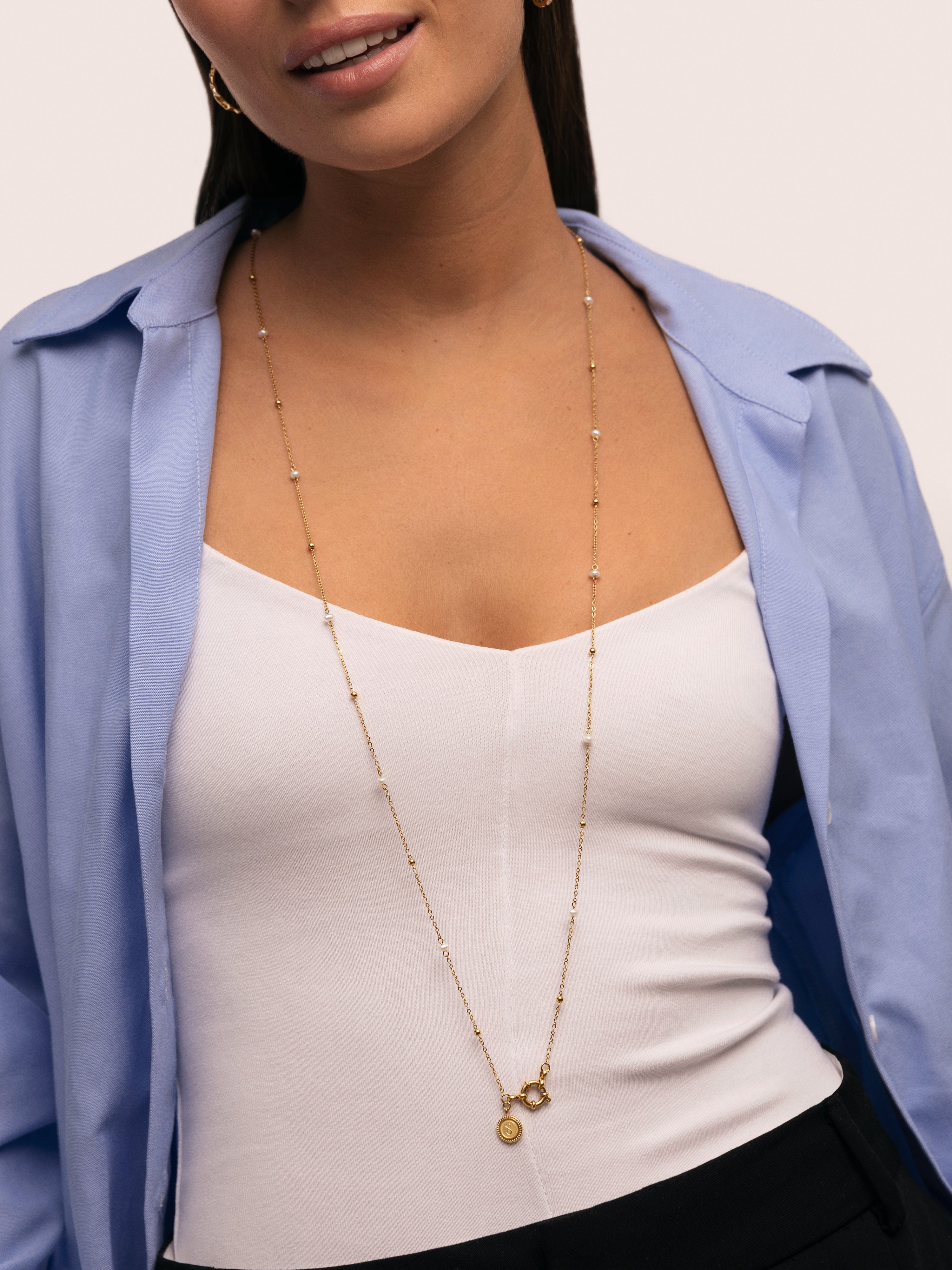 Collar Long Pearl Dots Acero Baño Oro