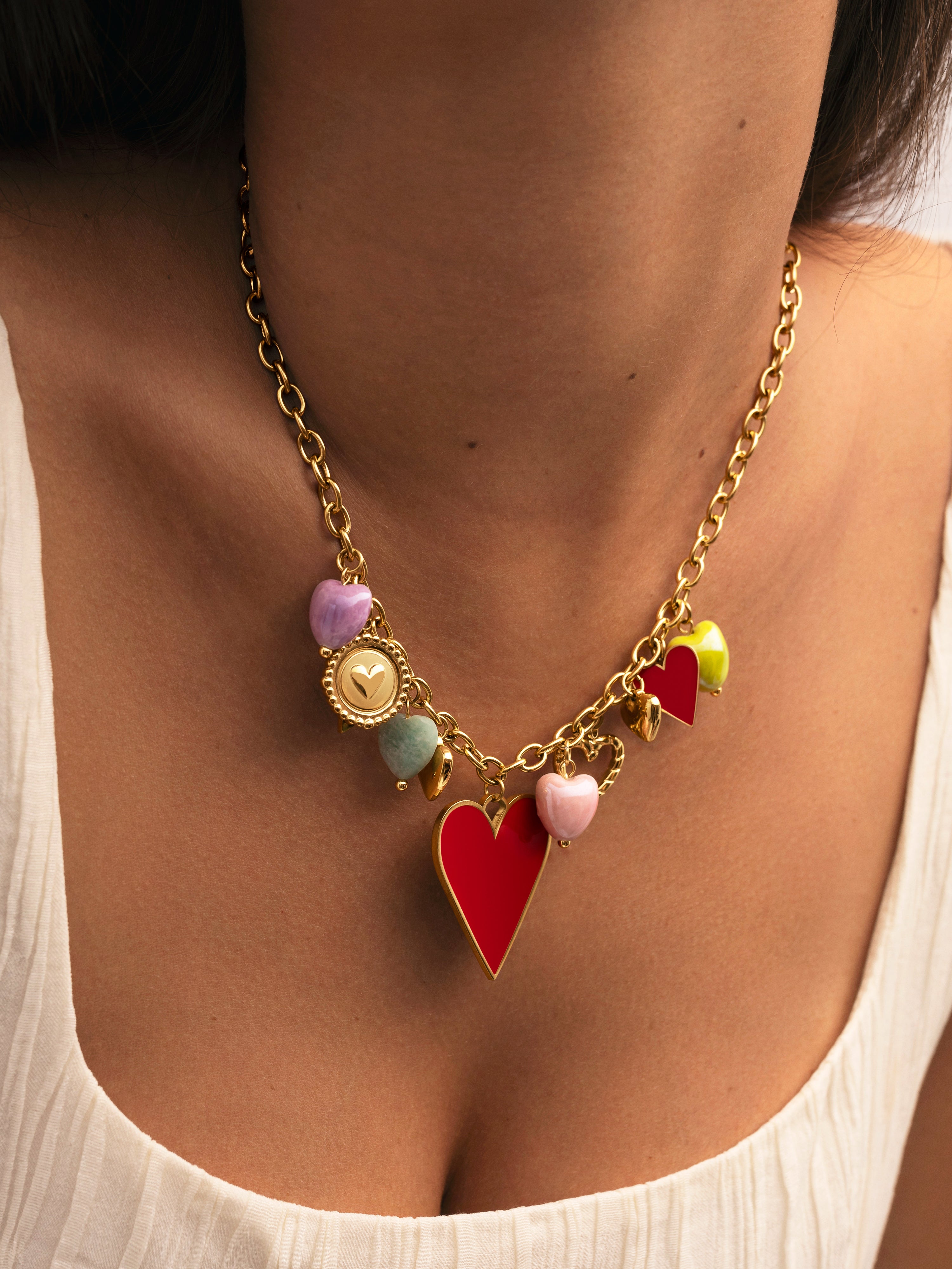 Collar Multicharms Corazones Acero Baño Oro