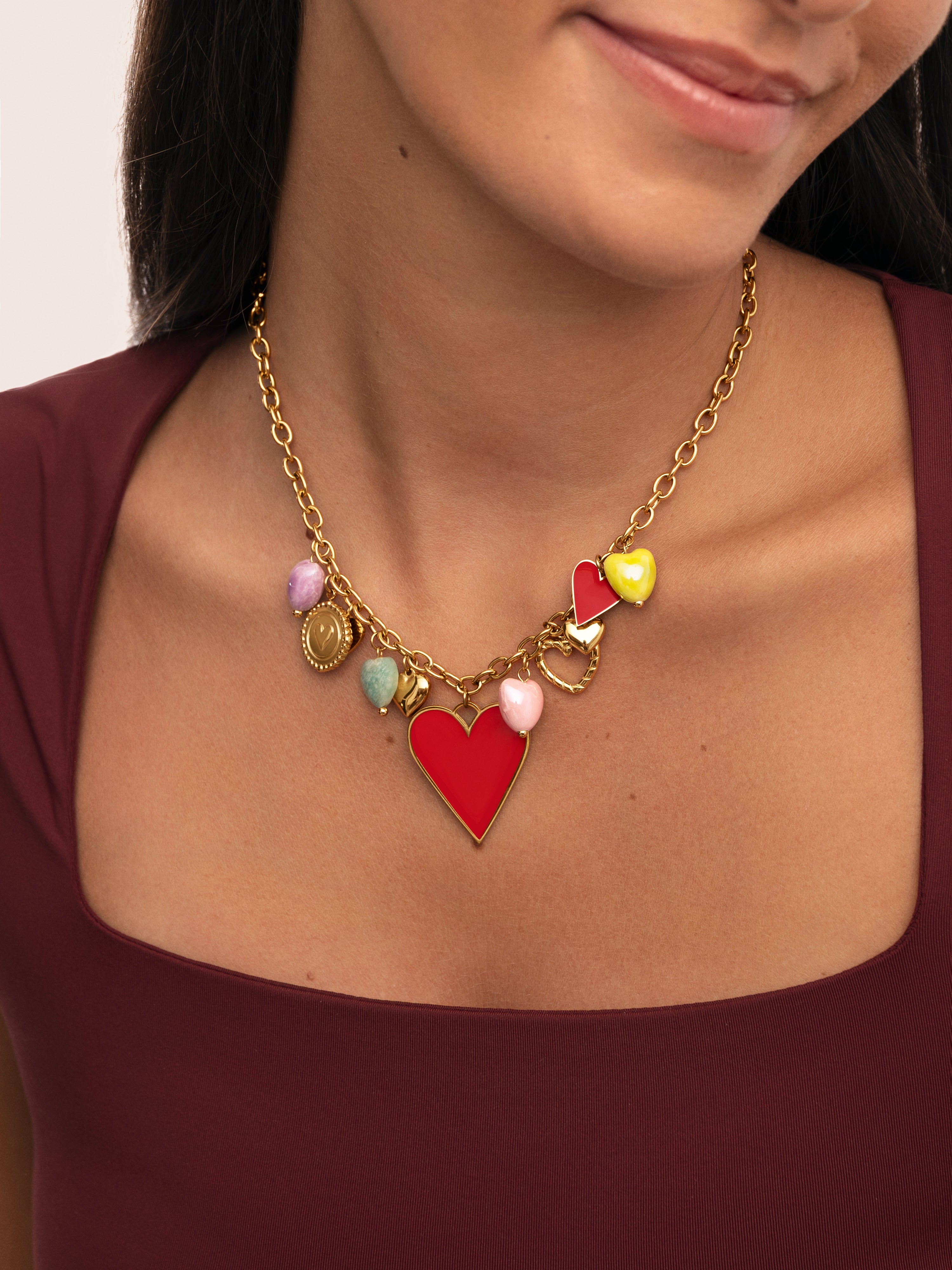 Collar Multicharms Corazones Acero Baño Oro