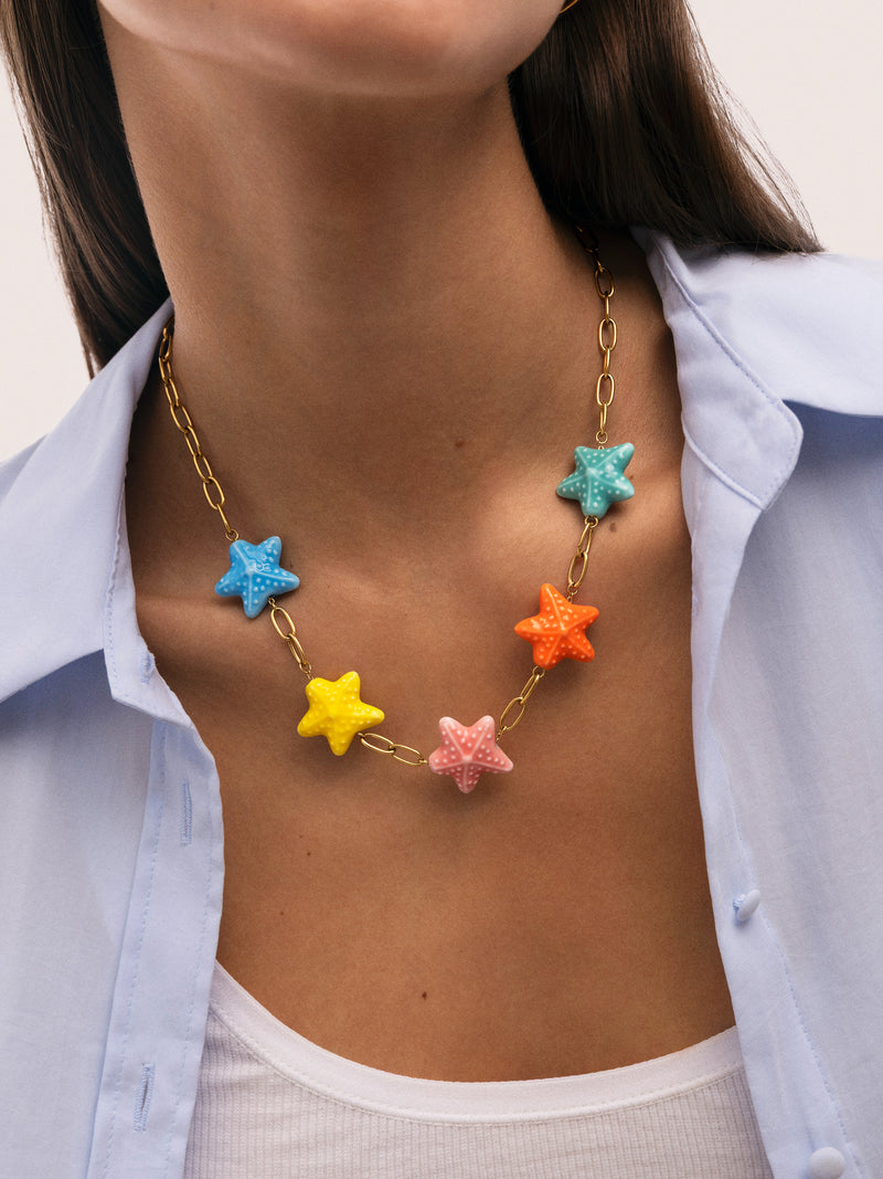 Collar Starfish Chic Color Acero Baño Oro