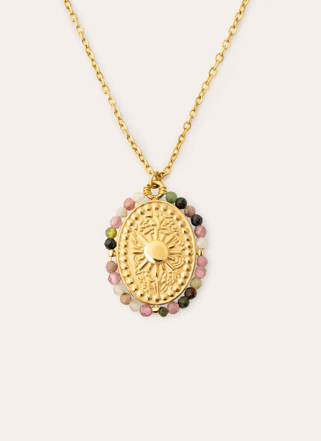 Medallion Stones Sun Stainless Steel Gold Necklace