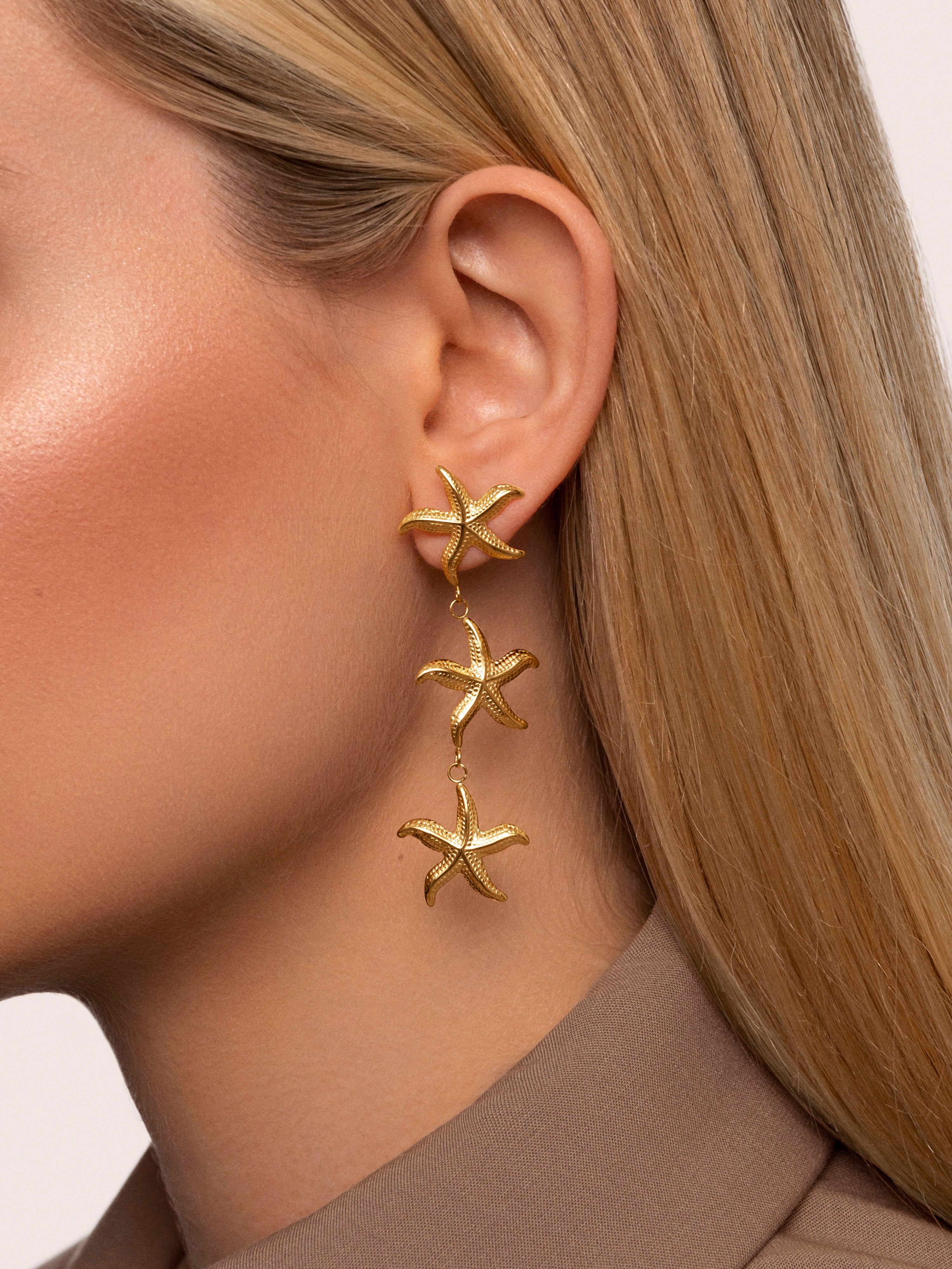 Triple Starfish Stainless Steel Gold Earrings 