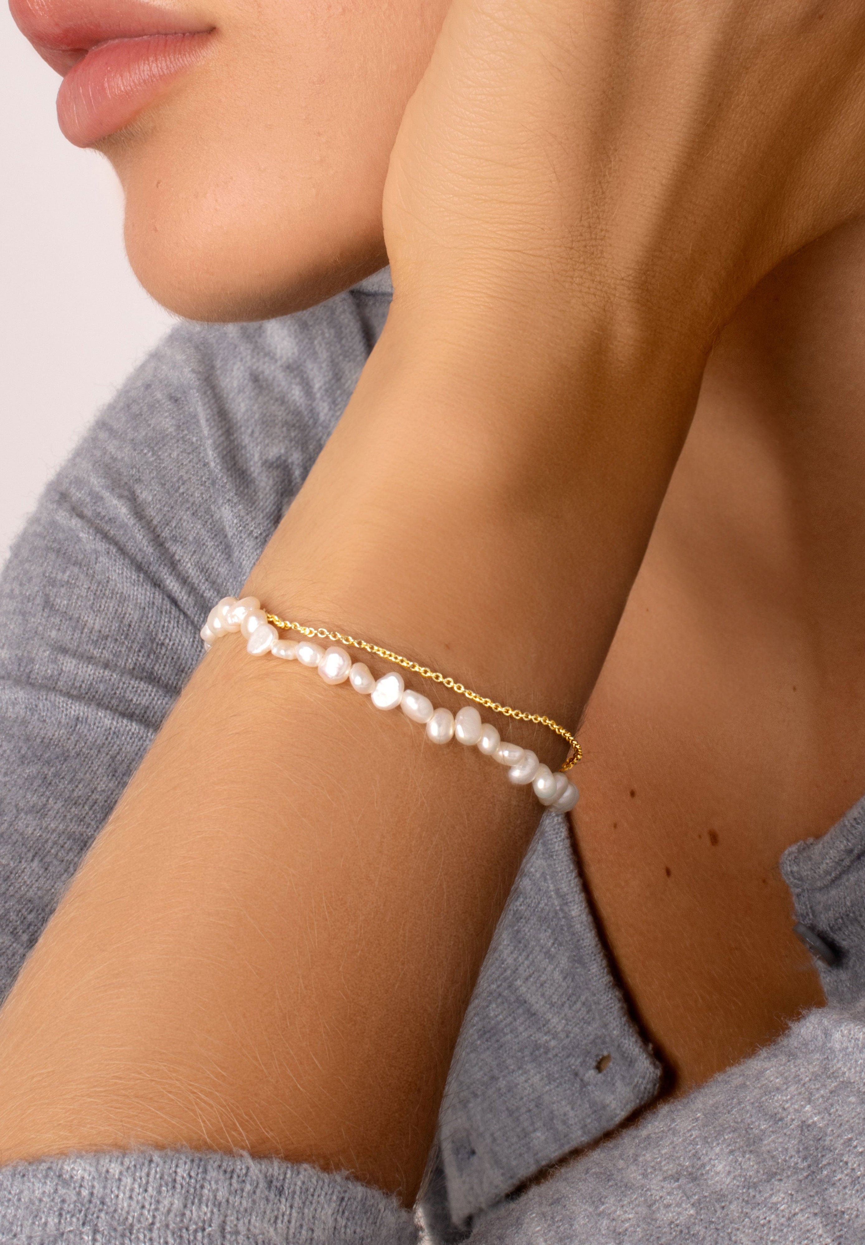 Pearl Chain Stainless Steel Gold Bracelet 