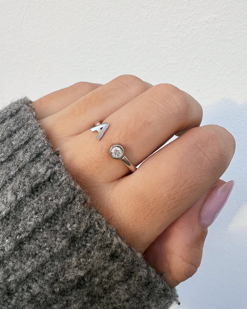 Letter Diamond Personalized Silver Ring