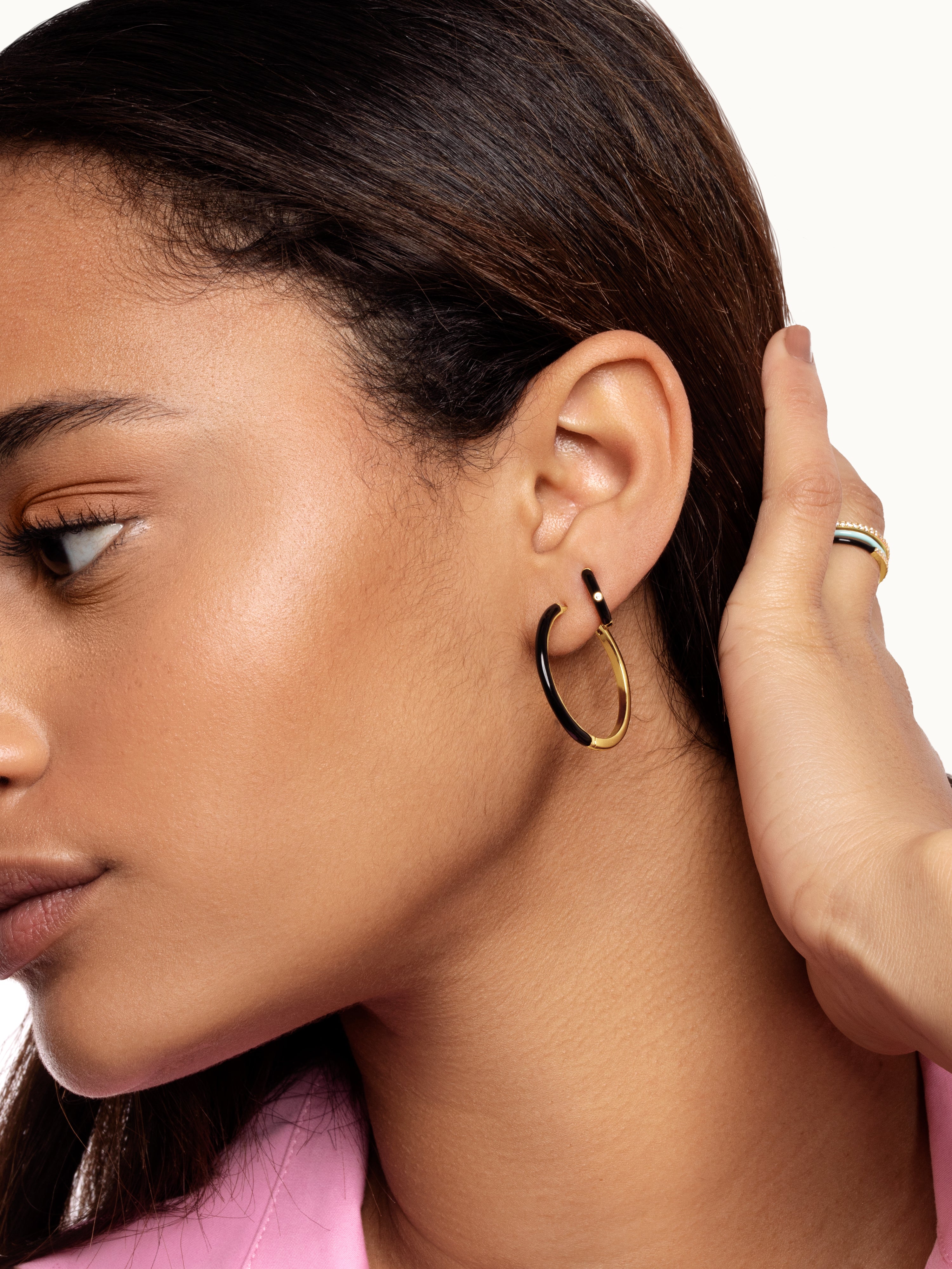 Spark Black Enamel Gold Hoop Earrings
