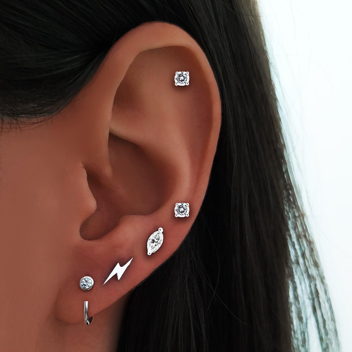 Pendientes Marquise Plata junto con el Pendiente Suelto Sophie, Rayo y Mini Sparks en Plata