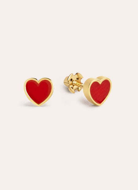 Red Enamel Heart Gold Earrings