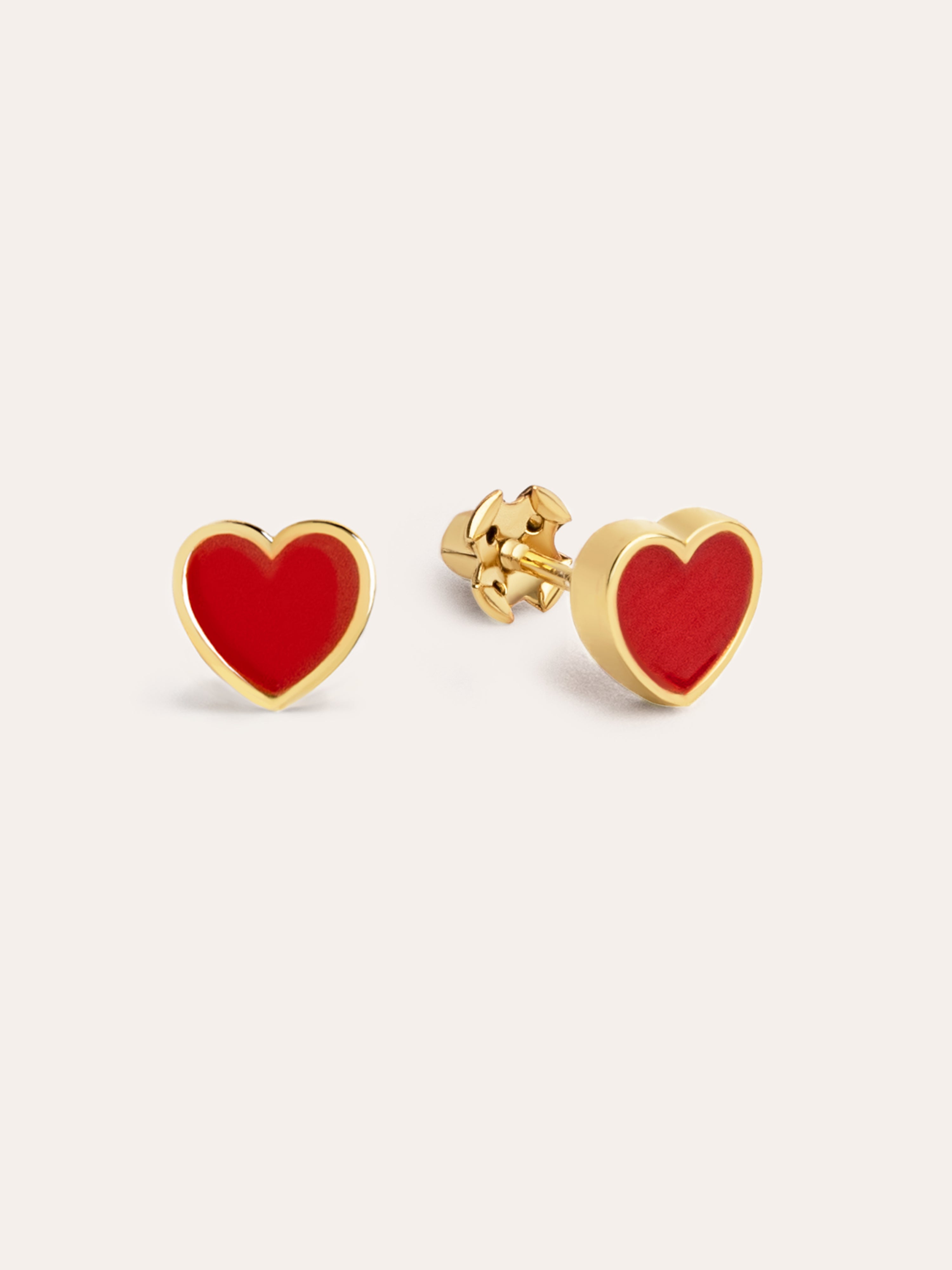 Red Enamel Heart Gold Earrings
