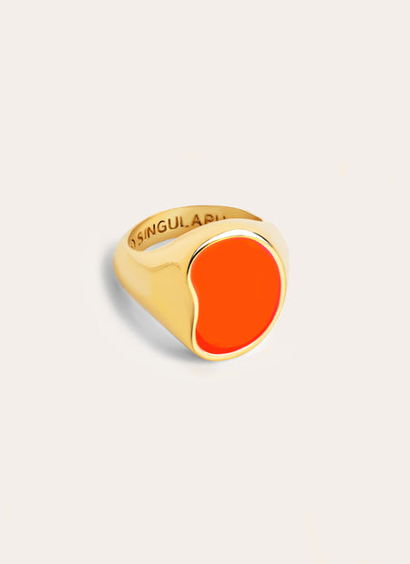 Signet Bean Neon Orange Enamel Gold Ring