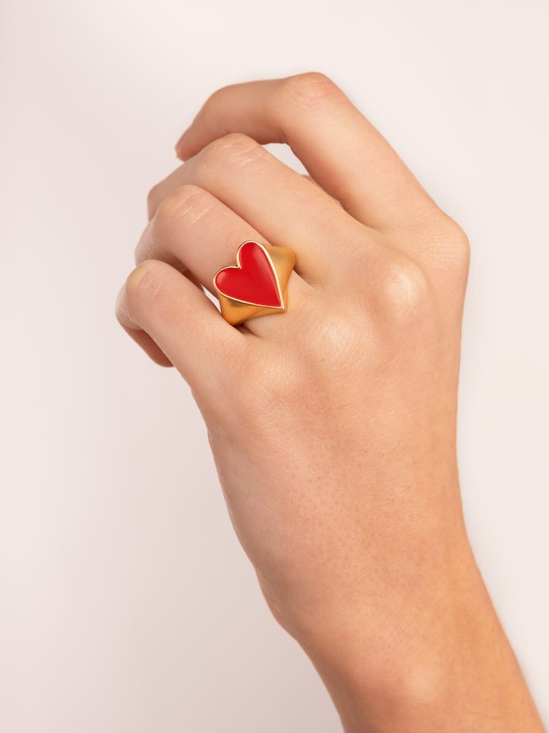 Anillo Lovely Heart Red Enamel Baño Oro