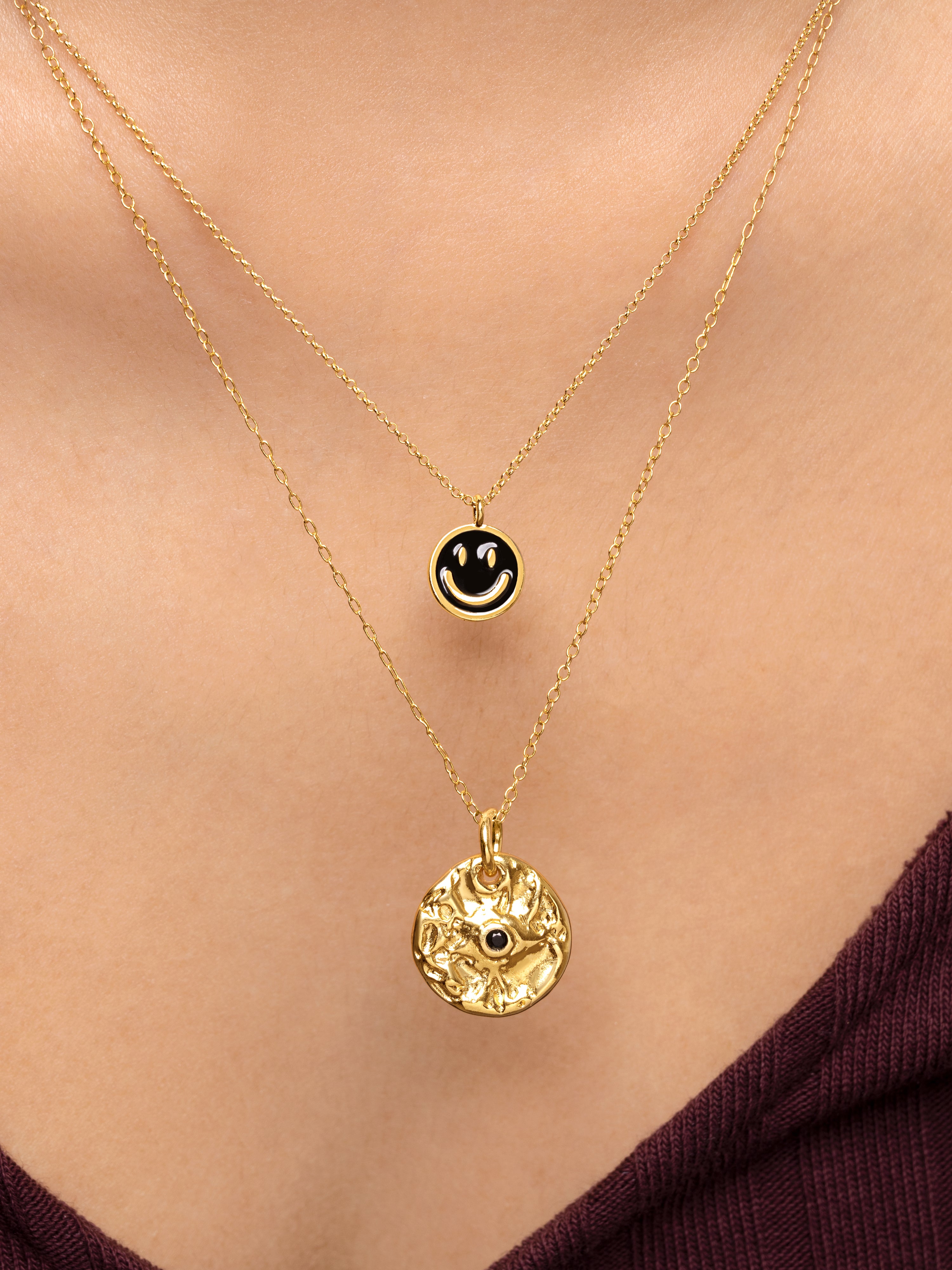 Smiley Black Enamel Gold Necklace
