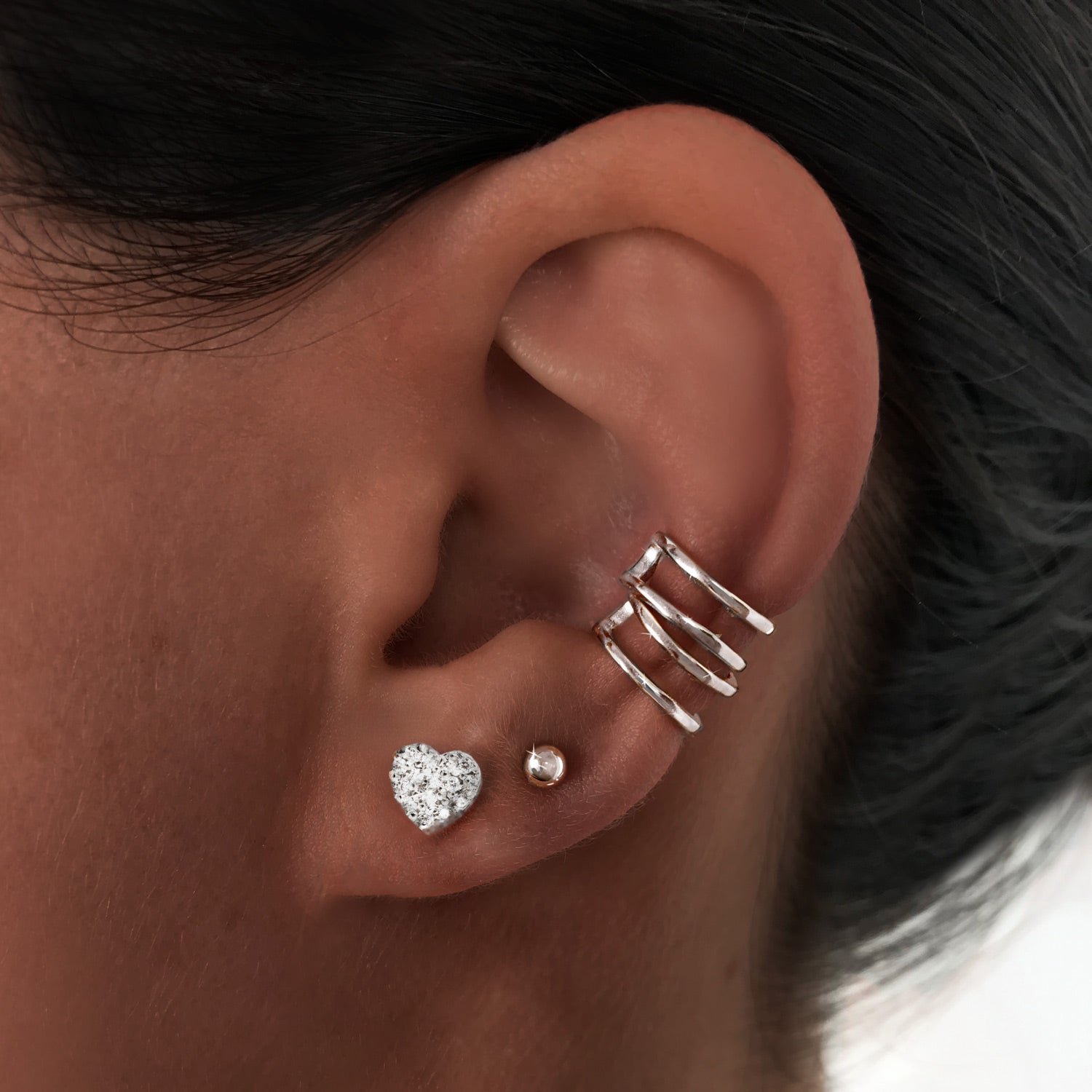 Pendientes Love Diamonds Plata con el Pendiente Dots 3mm y dos Ear Cuff Double Ring Plata