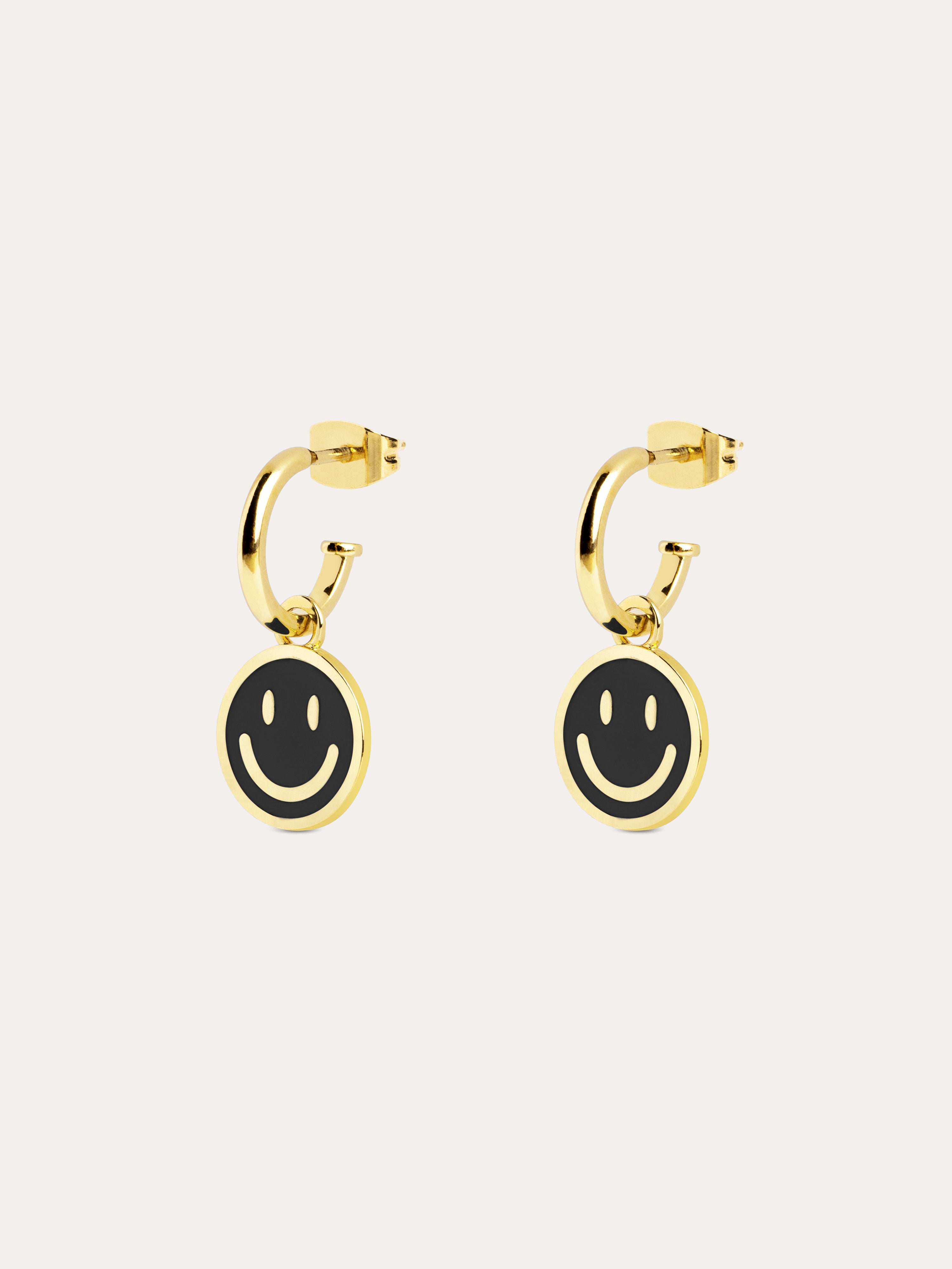 Pendientes Aro Smiley Black Enamel Oro