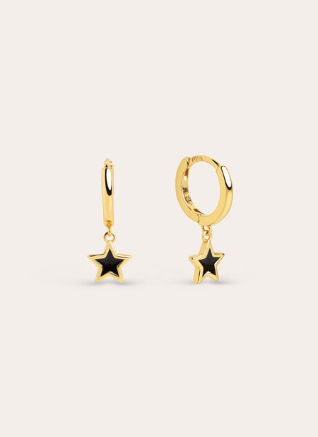 Star Black Enamel Gold Hoop Earrings
